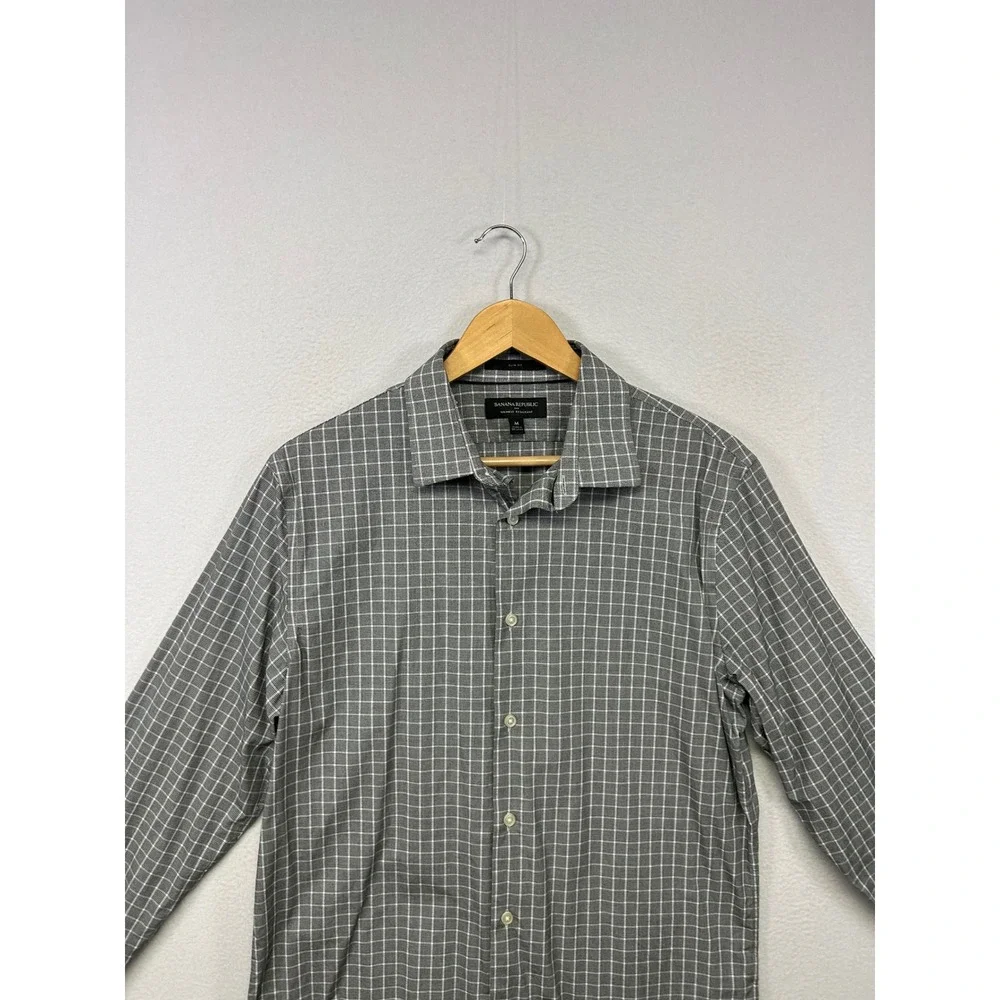 Banana Republic Modern Graphic Slim Fit Mens M Grey Grid Wrinkle Resistant Shirt